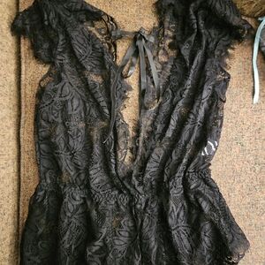 Black Lace V-Neck Sleepwear Romper